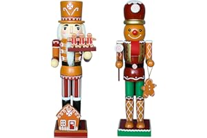 Auluda Decoración navideña Cascanueces, 2 hombres de jengibre, figuras de muñecas de madera hechas a mano, figura de regalo festiva para coleccionar, estantes