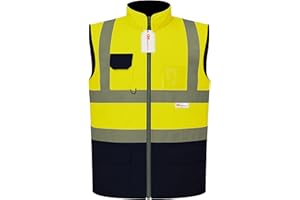 GM WORKWEAR Hi-Vis Reversible Waterproof Fleece Bodywarmer Gilet Waistcoat – High Visibility Safety Vest – Orange/Navy, Yellow/Navy, Orange/Yellow – S to 4XL