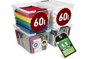 astor24 [Test SEHR GUT, NOTE 1.1] Aufbewahrungsboxen mit Deckel, 4x 60 L, transparente Boxen, lebensmittelechte Stapelboxen, Ideale Aufbewahrung für Büro, Kinderzimmer, Kleiderboxen, Küche, Werkstatt
