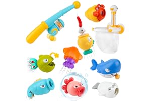 SACEMONTIC Jouets de Bain pour Bebe Enfant 2 3 4 Ans, 11 Pièces de Jeu de Pêche Magnétique, Jouet Bain Enfant avec Filet de Pêche/Pistolet à Eau, Bâtons de Pêche, Jouets Flottants