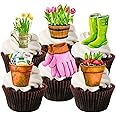 PRECUT Gardening Edible Cupcake Toppers - Green Thumb, Gardener Theme Wafer Cake Decorations (Set of 12)