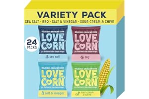 LOVE CORN Variety Pack (6 Sea Salt, 6 BBQ, 6 Salt & Vinegar, 6 Sour Cream & Chive 20g) – Healthy Snacks Ideal for Gluten Free & Vegan Diets – Low Sugar Alternative for Crisps and Mixed Nuts