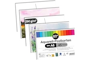 perfect ideaz - Aquarelle cartes postales - 45 feuilles, DIN-A6, 290 g/m² - Papier Premium blanc naturel - Papier Watercolor sans acide, certifié FSC