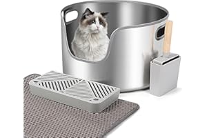 Bartuke Arenero de Acero Inoxidable para Gatos, Bandeja Sanitaria Redonda de Metal con Cuchara, Pedal Filtrante y Alfombrilla Sanitaria, Antiadherente, Sin Olores, Fácil de Limpiar