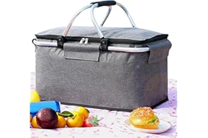 Biset Panier Pique-Nique Isotherme, Sac Isotherme 26L, Grand, Gris, Pliable, Glacière Portable