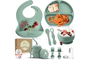 O'doe 11-teilig Baby LED-Entwöhnungszubehör für Kleinkinder, Babyfütterungsset | Saugnapf-Silikon-Babyschale, selbstverzehrende Utensilien mit Löffeln, Tassen, Lätzchen, Essteller-Set mit | Grün, V1