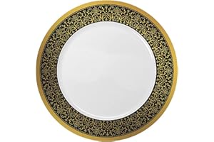 DECOR DECORLINE Decorline - 32 Assiettes en plastique Dur réutilisable Avec Bordure - pour 16 personnes (16x26cm & 16x18cm) - Collection Majestic - pour Anniversaires, Mariages & Fêtes - Noir/Doré