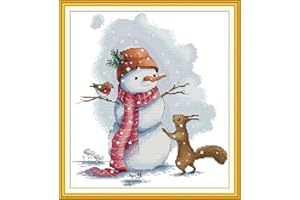 ABEUTY 14ct Kreuzstich Set Vorgedruckt, Schneemann und Eichhörnchen Kreuzstich Stickpackungen DIY Stickerei Set Gestempelt Erwachsene Anfänger