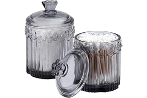 rejomiik 2 Pack Qtip Holder Glass Apothecary Jars with Lids Set Bathroom Canisters Dispenser Organizers and Storage for Cotton Swabs, Balls, Pads, Floss Picks, Candy, Grey
