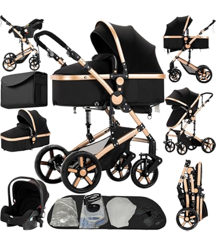 Reenborn Trio-kinderwagen in PU-leer, 3-in-1 kinderwagen met twee omkeerbare modi om te duwen, trio-kinderwagen met ontwerp dat in één klik opvouwbaar is, aluminium frame, hoog landschapszicht (518