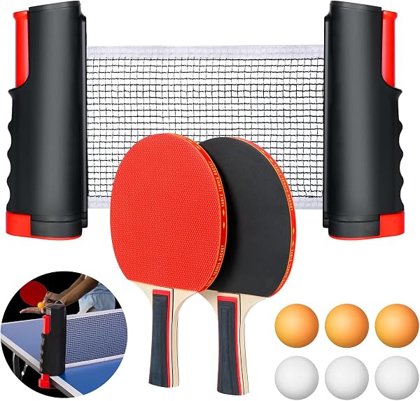 Flintronic Sets de Ping Pong, Juego de Raquetas de Tenis de Mesa Professionales, 2 Raquetas de Ping Pong, 6 Bolas, 1 Red Retráctil, 1 Bolsa de Almacenamiento, para Exterior y Hogar, Juego de Oficina - 1