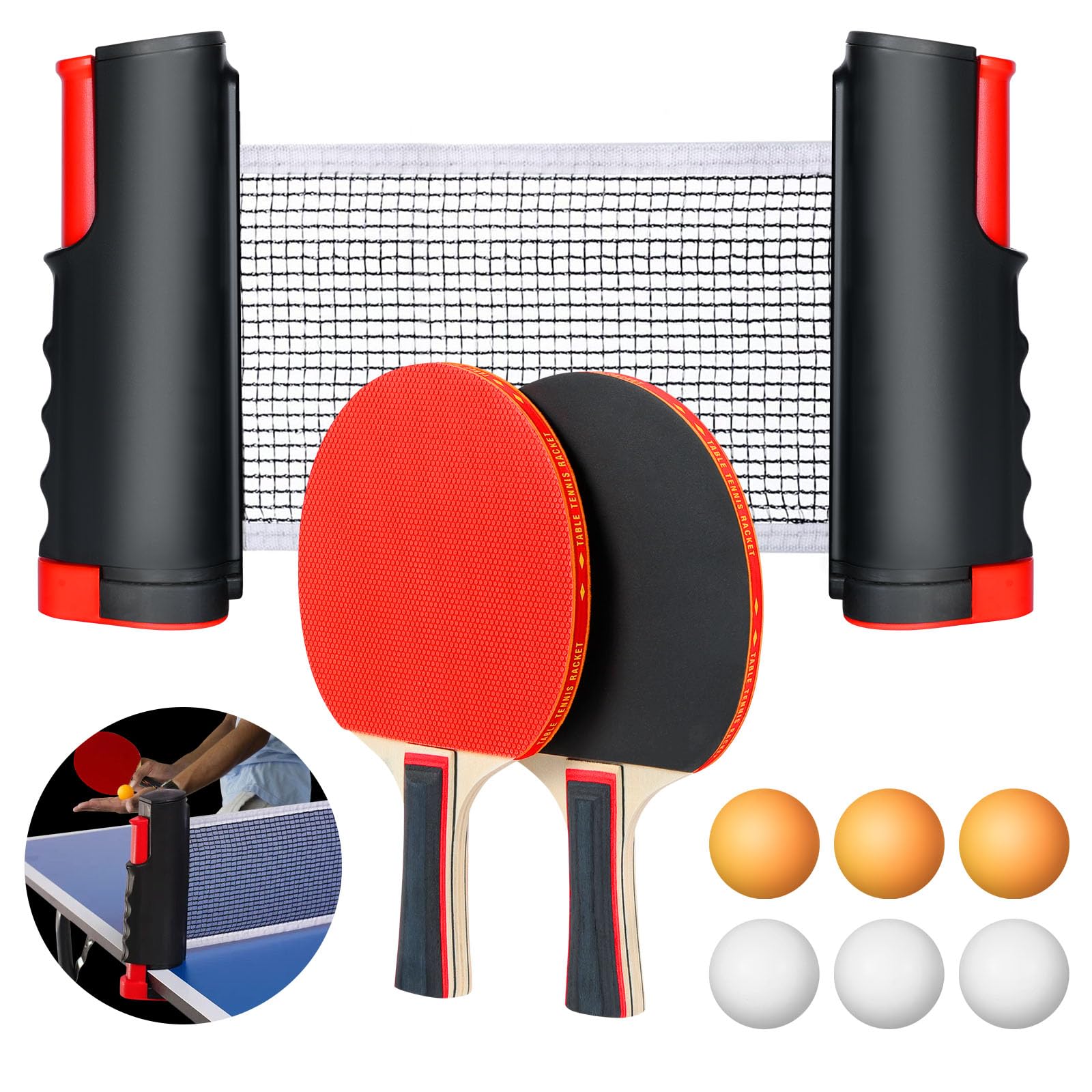 Flintronic Sets de Ping Pong, Juego de Raquetas de Tenis de Mesa Professionales, 2 Raquetas de Ping Pong, 6 Bolas, 1 Red Retráctil, 1 Bolsa de Almacenamiento, para Exterior y Hogar, Juego de Oficina - 1