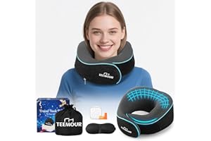TEEMOUR Travel Pillow for Adults,Memory Foam Airplane Pillow with 360 Neck Support, Includes Storage Bag, Eye Mask, Ear Plugs, Adjustable Travel Pillow for Long Flights,Train,Car & Business Trips(Dark Grey)