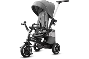 KK KINDERKRAFT Kinderkraft EASYTWIST Tricycle pour Enfant avec Accessoires, fenêtre de Toit, Sangles de sécurité, Rotation à 360 °, Roue Libre, Barre de poussée, Convient aux Enfants de 9 Mois à 5 Ans, Gris 1 Unité