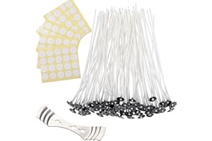Bkrdty Kit de Fabricación de Velas con 100 Piezas 6 Pulgadas Naturales Mechas de Velas 1 Sostenedor de la Mecha y Etiquetas Engomadas de la Mecha de los Puntos de Doble Cara para Fabricación de Velas