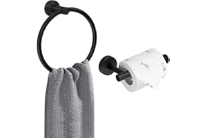 AMMIY Toilet Roll Holder Towel Ring, Wall Mounted Toilet Paper Holder, 2 Pieces Classic Stainless Steel Bathroom Accessories, Matte Black