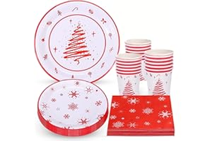 KAHEIGN 100 Piezas Vajilla de Papel para Fiestas Navideñas, 25 x 23CM Platos Grandes, 25 x 18CM Platos de Ensalada, 25 x 270ml Vasos, 25 x 16CM Servilletas - para Festivo Navidad Fiesta Decoración