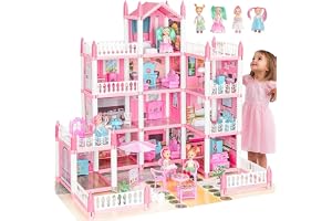 Doll House, Dream Dollhouse for Girls, Pretend-Play DIY Dollhouse Kit - 4-Story 11 Rooms Playhouse with 4 Dolls Toy Figures, Furniture and Accessories Set (Big Pink Dollhouse)
