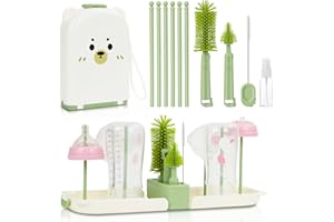 Vicloon 7 in 1 Baby Bottle Brush Set, Travel Bottle Cleaner Kit with Silicone Bottle/Nipple/Straw Brush, Soap Dispenser, and Drying Rack, Baby Travel Essentials (Green)