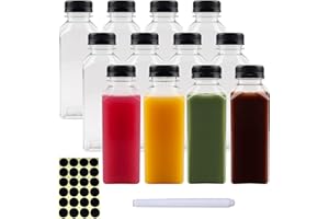 Happybase Lot de 12 bouteilles de jus de 350 ml en plastique avec couvercles hermétiques, vides et réutilisables pour smoothie, jus et autres boissons (1 stylo, 24 étiquettes)