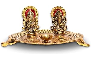 Wonder Care Golden Color Laxmi Ganesha Statue With Puja Plate |6" Puja Thali with diya and Ganesh Laxmi idols for Diwali Puja|Deepawali Gift Items|Indian Pooja Thali for Dhanteras pooja.