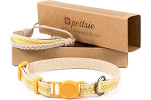 Pettsie Collier pour Chat - Bracelet de sécurité et d'amitié - 100% Coton Durable pour Plus de sécurité - Confortable et Doux - Anneau en D pour Accessoires - Boîte Cadeau Incluse (19-29 cm, Jaune)