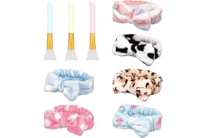 Firtink 6 Stück Spa-Stirnband, Gesicht Make-up Kopfband weich korallenrot aus Fleece Stirnband mit 3PCS Silikonbürsten für Duschen und Gesicht waschen