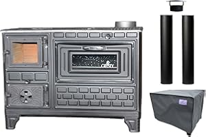 Giesty® Outdoor-Küchenofen Terrassenofen, Holzofen mit Holz und Holzkohle, Garten-Kamin, Outdoor-Küchenherd, Kuzine Soba (Glastür+2 Rohre+wasserdichte Abdeckung)