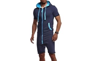 Leif Nelson Herren kurze Jumpsuit für Sommer kurze Hose kurzarm Overall Onesie Männer T-Shirt Kapuze Sommerjumpsuit Schlafanzug kurzer Jogginganzug Trainingsanzug LN8313