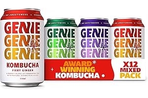 GENIE LIVING DRINKS Kombucha, Variety Pack of 3 flavours, Fermented 10 Days, Gut Friendly, Low Calorie, All Natural, 100% Vegan, No Sweeteners, No Nasties, Made in UK, Natural Energy, 12 x 330ml Cans
