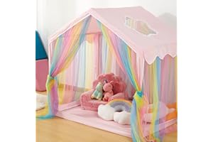 LOAOL Kids Play Tent for Girls, Large Indoor & Outdoor Playhouse with Rainbow Mesh & Star Shape Window, Imaginative Toddler Game Tent for Kids Ages 3-8, Portable Children's Fort