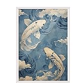 Zestia Beyaz &Ccedil;er&ccedil;eveli Tablo, Koi Balıkları, Japon Dalgalar Arasında, Mavi Tonlar Poster No: 107505 30 x 40