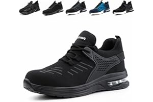 Loiston Chaussures de Sécurité Hommes Basket de Securite Femme Embout Acier Antidérapante Légère Coussin d'air Absorption Chaussures de Travail Noir Bleu Gris EU36-48