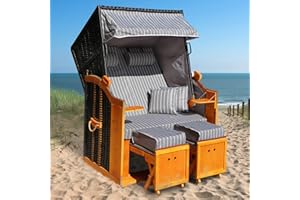 ‎BRAST BRAST® Strandkorb Rügen Deluxe | für 2 Personen | 120cm breit | 5 Designs | inkl. wetterfeste Abdeckhaube | verstellbare Rückenlehne weiches Fußkissen | Anthrazit/Grau - gestreift