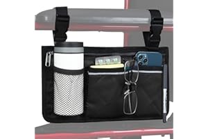 HSGEZUOQI Wheelchair Side Bag, Armrest Storage Pouch with Cup Holder and Reflective Strip for Wheelchairs, Walkers or Rollators (Black)