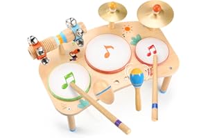 OATHX 11-in-1-Schlagzeug für Kinder ab 1 Jahr Musikinstrumenten-Set aus Holz, Baby-Schlagzeug mit Handgelenksglocken für Kleinkinder Geschenke zum 1. Geburtstag für Jungen und Mädchen Musikspielzeug