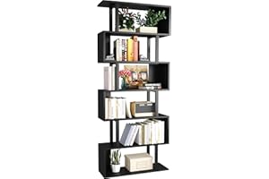 Yusong Geometric Bookcase, S Shaped Bookshelf 6-Tier Book Shelves for Bedroom, Modern Wood Decorative Display Shelf Tall Book Case for Home Office, Black