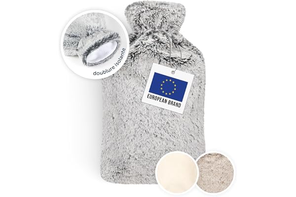 Blumtal Bouillotte Eau Chaude Premium avec Poche et Housse en Peluche Douce – Caoutchouc Naturel, Bouillotte pour Règles Douloureuses – Housse Douce, Gris