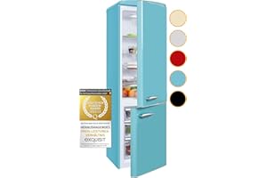 Exquisit® Frigorífico Combi Retro, 244L, Clase E, Color Azul Turquesa, Cajón Verdulero, Altura Regulable, Tiradores Retro, Estantes de Cristal, Luz LED, Consumo 202 kWh/año, Medidas 183x54,5x57,5 Cm.