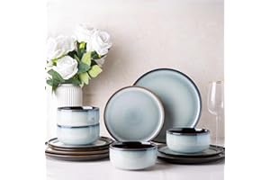 LeRatio Dinner Set for 4, 12 Piece Stoneware Plates and Bowls Set, Chip & Scratch Resistant Reactive Glazed Dinnerware Set, Dishwasher & Microwave Safe Crockery Set (Ocean Blue, Service for 4)