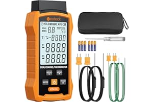 Neoteck Termometro a Doppio Termocoppio -50~1300℃ Termometro Digitale a 2 Canali per Termocoppie Tipo K/J con 4 Sonde, Memoria 99 Dati, Display LCD Retroilluminato per HVAC, Forni, Frigoriferi