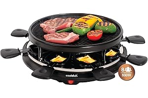 Cookitch Raclette 8 Personas - Plancha Redonda Grill Antiadherente y 8 Sartenes, Parrilla eléctrica para asar Carne, Verduras y fundir Queso