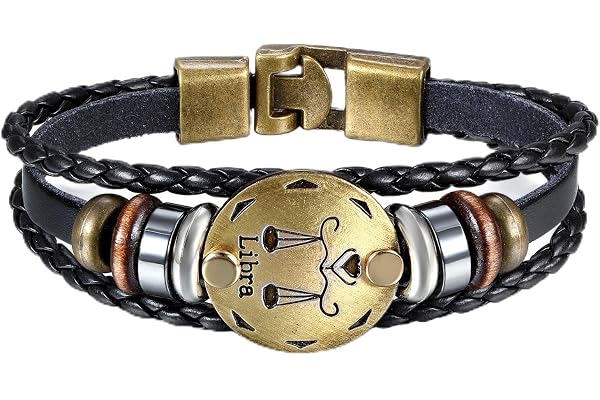 JewelryWe Bijoux Bracelet Homme Signe Astrologique Zodiaque Zodiac Charms Perle Manchette Cuir Alliage Fantaisie pour Homme et Femme Couleur Noir avec Sac Cadeau