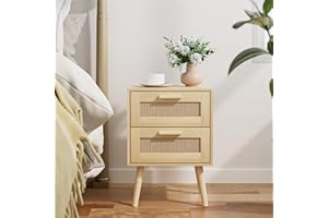 HEYZOEY Nachttisch Rattan, Beistelltisch mit Schublade, Nachtkommode mit Holz Beine für Schlafzimmer, Wohnzimmer, Natur Eiche