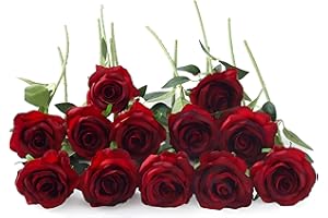 Laelfe 12 Pcs Burgundy Red Artificial Roses, Long Stem Faux Silk Dark Red Flowers Fake Roses for Wedding Bridal Bouquet Home Party Hotel Garden Decoration (Burgundy)