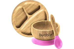 BUABI Vajilla de Bambú natural, set 3 piezas: Bowl Plato y Cuchara. Con ventosa antideslizante en la base. Bambú y silicona grado alimentario, Ecológico sin BPA (Rosa)
