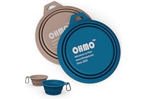 OHMO Cuenco plegable para perros (paquete de 2 unidades de 400 ml, azul y beige), cuencos de agua de silicona premium para gatos y perros, cuencos portátiles de viaje plegables para acampar al aire