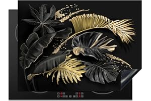 KitchenYeah© Protection Plaque Induction 70x52 cm Protege Deco Cuisine Cache Protège De Cuisson Accessoires Feuilles - Or - Noir