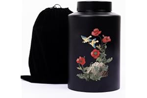 Ruccit Urn for Ashes Adult Large Black Memorial Decorative Cremation Ashes Urn Red Floral Bird Pattern Funerary Coffins Urn for Human Pet Dog Cat Ashes with Black Velvet Bag