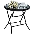 PHI VILLA Folding Side Table, Foldable Coffee Table, Outdoor Garden Table, Small Round Patio Table - Black
